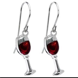 Red wine glasses silver tone earring. NEW.